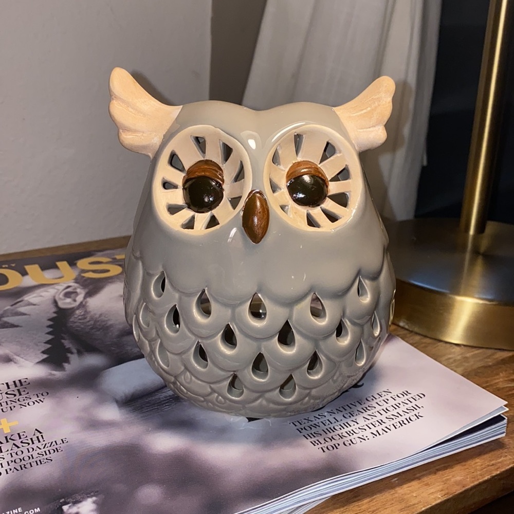 Grey brown tan owl candleholder counter decorative animal fixture ceramic glass - Picture 2 of 14